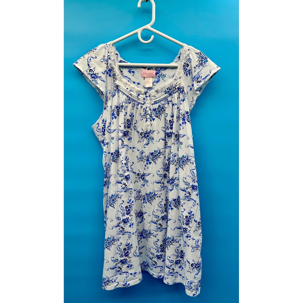 Pink Label Womens 2X Blue Floral Toile 100% Cotton Lace Trim Nightgown Sleepwear